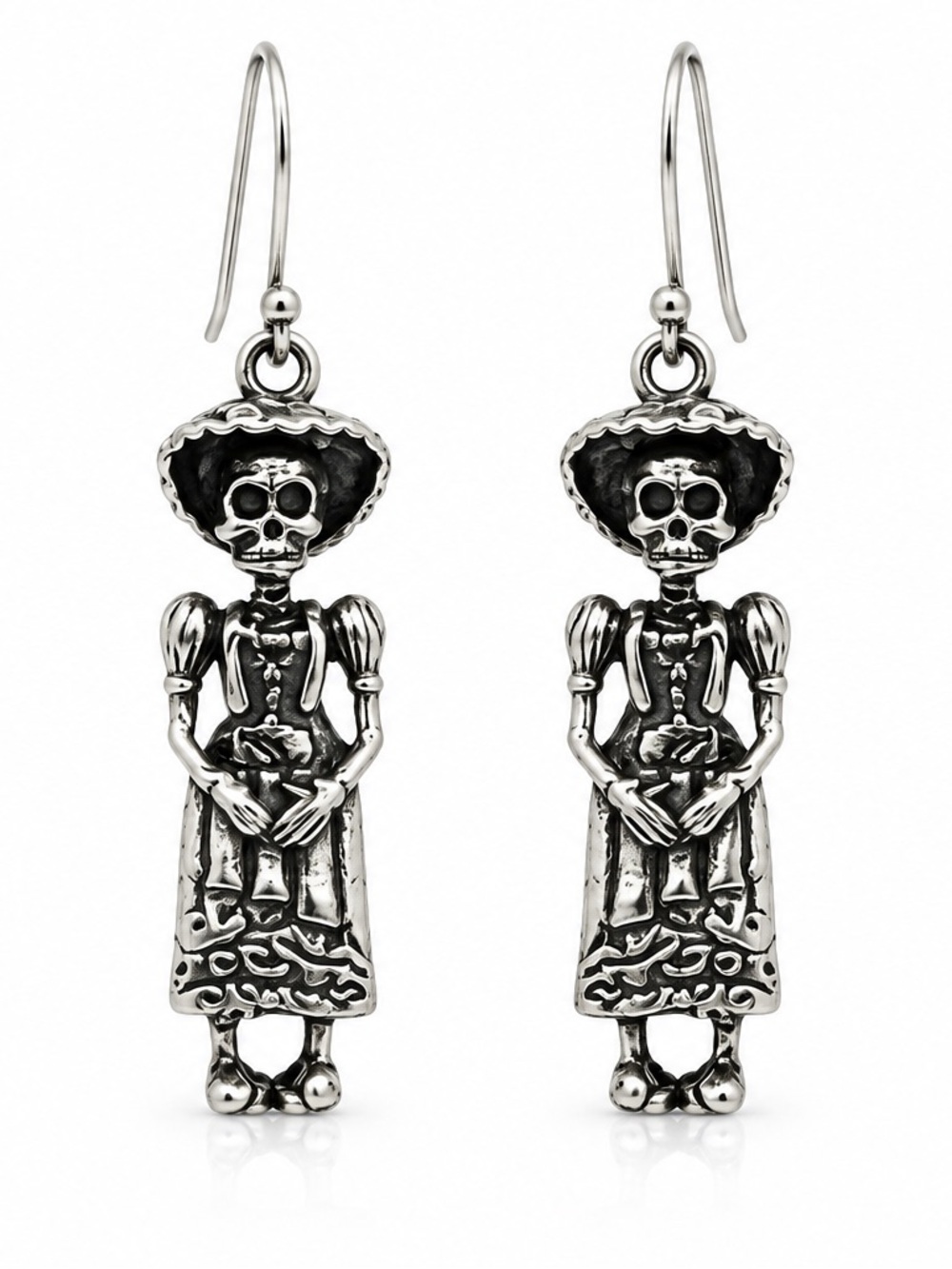 Sterling Silver Day of the Dead Catrina Drop Earrings - Silver